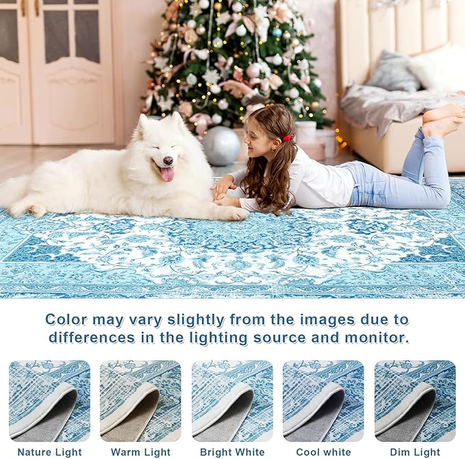 3x5 Area Rug for Bedroom, Machine Washable Rugs with Non-Slip Backing for Living Room, Soft Vintage Carpet Kitchen Laundry Kids Room Decor, Blue & White