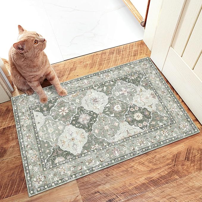 Washable Boho Vintage Area Rugs 2×3 Non-Slip Traditional Green Area Rug Doormat for Bathroom Kitchen Entryway