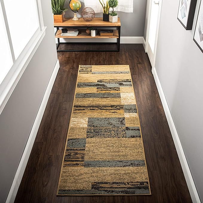 SUPERIOR Indoor Runner Rug, Jute Backed, Modern Geometric Patchwork Floor Decor for Bedroom, Office, Living Room, Entryway, Hardwood Floors, Rockwood Collection, 2' 7" x 12', Light Blue-Beige