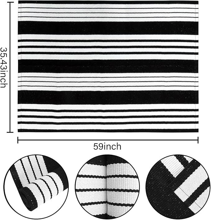 BUAGETUP Black and White Outdoor Rug 3'x 5' Hand-Woven Cotton Washable Rug Striped Front Porch Rug Machine Washable Indoor/Outdoor Area Rug Floor Mat for Farmhouse/Layered Door Mats/Living Room