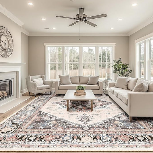 BESTSWEETIE 9x12 Area Rugs for Living Room Washable Non Slip Carpet Low Pile Soft Vintage Print Pattern Rug for Bedroom Dining Room Kitchen Entryway Indoor-Khaki/Beige/Purple/Black/Brick