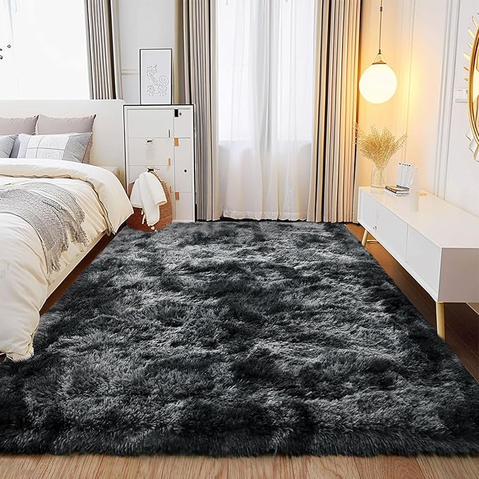 Shaggy Soft Fluffy Rug Non-Slip Indoor Floor Carpet for Living Room Anti-Skid Indoor Carpet Tie-Dyed Black Grey 5x7 Feet