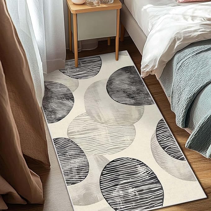 3x5 Entryway Rug Abstract Minimalist Black Beige Circle Neutral Area Rug Bedroom Bedside Small Carpet Bathroom Non Slip Indoor Entrance Low Pile Door Mat Kitchen Stain Resistant Washable