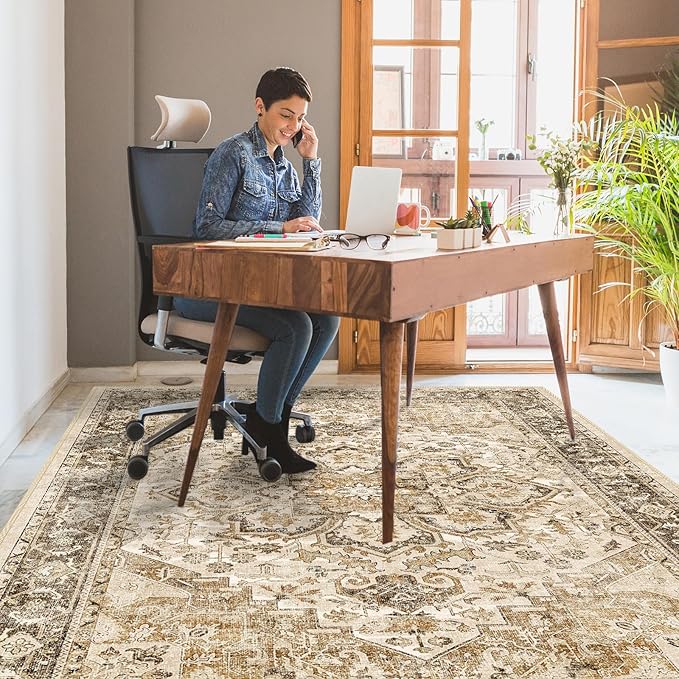 Washable Area Rug Vintage - Living Room Farmhouse Oriental Rug 5x8 Distressed Non-Slip Stain Resistant Carpet for Bedroom Dining Room Home Office (5x8 Beige/Brown)