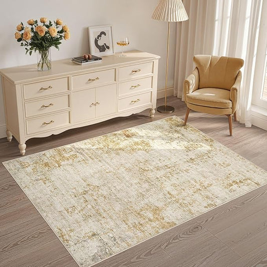 3x5 Area Rug Living Room Rugs - Washable Neutral Modern Abstract Soft Thin Rug Indoor Floor No Slip Rug Carpet for Bedroom Under Dining Table Home Office Decor - Golden Brown
