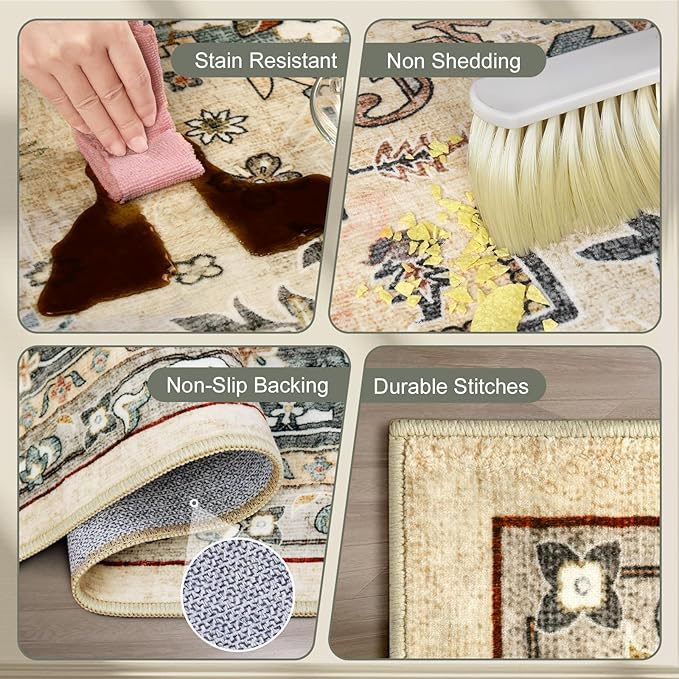 Area Rugs for Living Room 9x12 - Large Machine Washable Vintage Oriental Soft Rug, Low Pile Thin Carpet with Non Slip Backing for Bedroom, Dorm, Under Dining Room Table, Indoor House, Office Decor