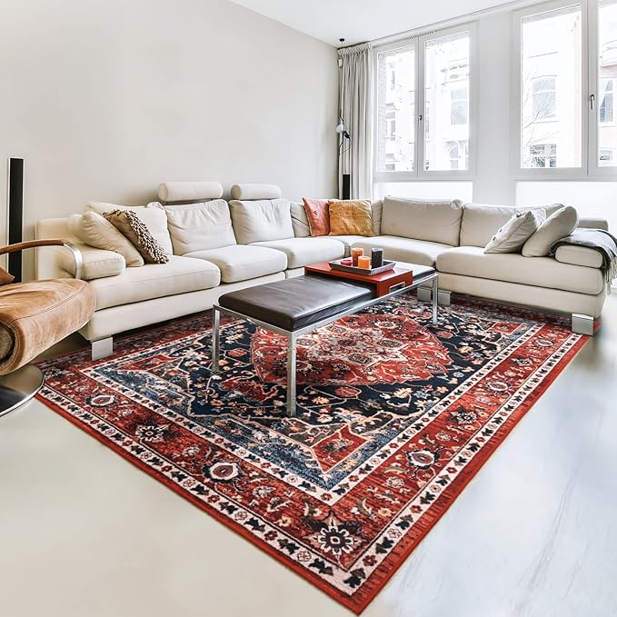 YJ.GWL Area Rug for Living Room, 3x5 Machine Washable Boho Rug for Bedroom, Low Pile Lightweight Thin Rugs Floral Vintage Distress Print Pattern Carpet for Dining Room Kitchen, Red