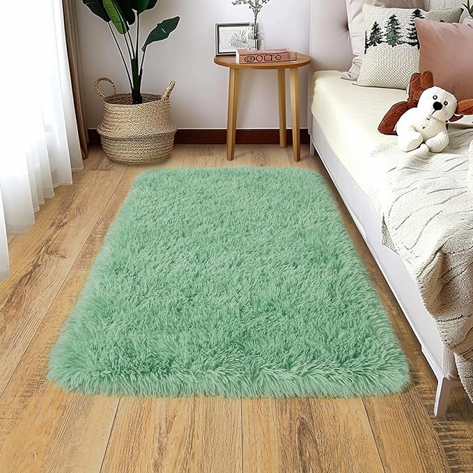 2x3 Fluffy Small Rugs for Bedroom Living Room Dorm Kids Room Home Decor, Soft Indoor Fuzzy Shag Area Rug, Non-Slip Rectangle Plush Throw Rug, Sage Green