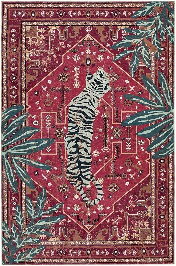 Vintage Tribal Faux Wool Red Boho Throw Rugs - 2x3, Non-Slip, Washable for Bathroom, Kitchen, Indoor, Entryway, Modern, Distressed, Tribal, Indian Accent Floor Mat