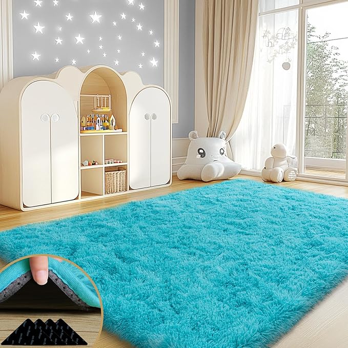 4x6 Rugs for Living Room, Large Fluffy Area Rugs for Bedroom, Soft Carpet Shag Kids Rug with 4 Non-Slip Rug Pads (Turquoise Blue, 4ft x 6ft)