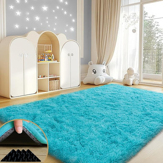 4x6 Rugs for Living Room, Large Fluffy Area Rugs for Bedroom, Soft Carpet Shag Kids Rug with 4 Non-Slip Rug Pads (Turquoise Blue, 4ft x 6ft)