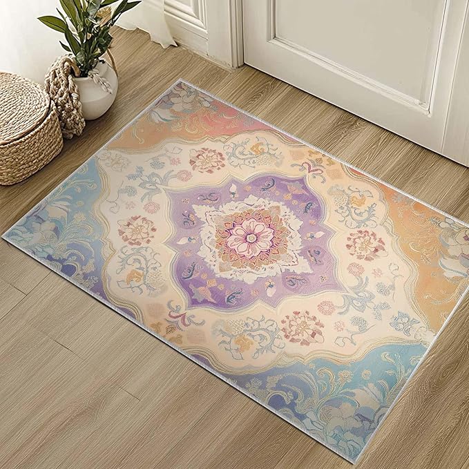 2x3 Entryway Rugs Machine Washable Rug Boho Orange Yellow Blue Purple Area Rug Non-Slip Low Pile Door Mat Entrance Small Carpet for Home Kitchen Bathroom Bedroom