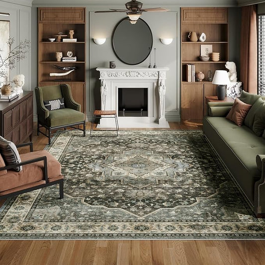 Dripex 8x10 Area Rugs,Machine Washable Non Slip Distressed Boho Rugs,Large Area Rug for Bedroom Aesthetic,0.24" Low Pile Lightweight Vintage Rug,Carpet for Living Room Dining Room,Dark Blue and Green