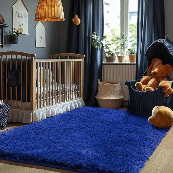 Zentavio Blue Rug Boys Rugs for Bedroom 4x6 Dark Blue Carpet Nursery Aesthetic Kids Playroom Navy Area Rugs for Teen Home Decor Fluffy Shag Bedside Floor Living Room Carpet