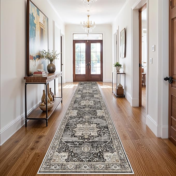 RUUGME Hallway 3x14 Runner Rugs - Large Boho Rugs for Living Room Stain Resistant Carpet Vintage Tribal Rugs for Bedroom Kitchen Bathroom Non Slip Backing Home Decor Floor Decoration Mat 3X14 Black