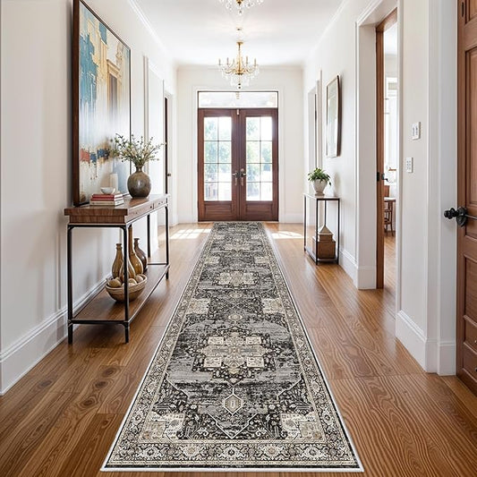 RUUGME Hallway 3x14 Runner Rugs - Large Boho Rugs for Living Room Stain Resistant Carpet Vintage Tribal Rugs for Bedroom Kitchen Bathroom Non Slip Backing Home Decor Floor Decoration Mat 3X14 Black