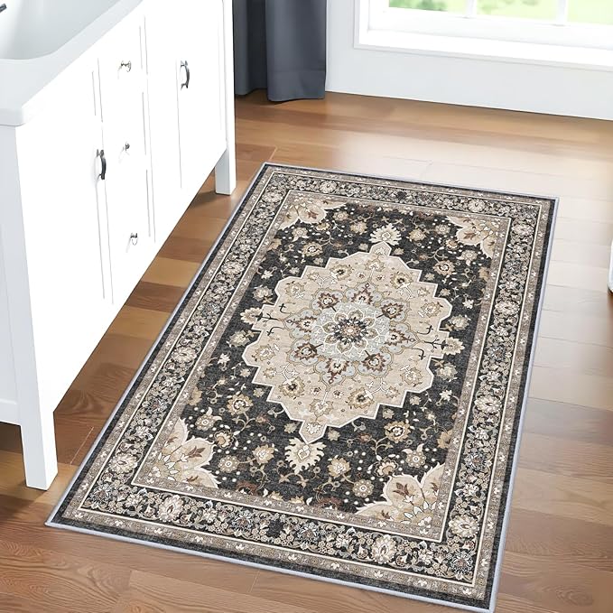 Washable 2x3 Entryway Area Rug: Vintage Non-Slip Backing Rugs for Kitchen Bathroom Water Resistant Carpet for Bedroom Soft Low Pile Front Door Mat for Dining Room 2x3 Black