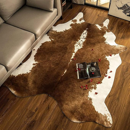 BENRON Premium Cowhide Rug Large, Faux Cow Hide Rugs for Living Room Bedroom Western Home Decor, Non Slip Cute Rug with Irregular Animal Skins and Hides, Khaki Brown, 6.2 x 7ft