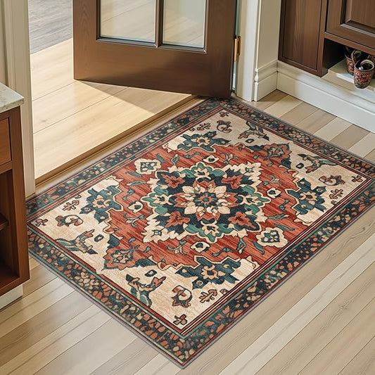 2x3 Machine Washable Non-Slip Area Rug & Mat - Soft Faux Wool & Polyester, Boho Stain-Resistant Indoor Throw Carpet for Entryway, Kitchen, Bathroom, Bedroom, Living, Low Pile, High Traffic