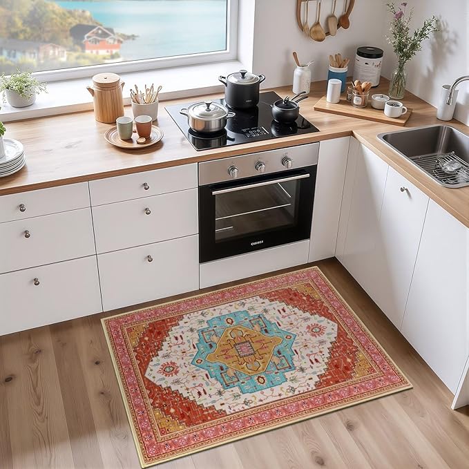 2x3 Orange Pink Small Area Rug for Entryway, Soft Washable Rugs with Non-Slip Backing for Bedroom Kitchen, Vintage Throw Carpet Laundry Entry Front Front Door Decor