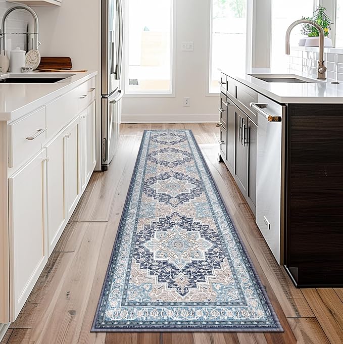 BESTSWEETIE 2x10 Area Rugs for Living Room, Washable Ultra Soft Boho Vintage Print Pattern Rug Non Slip Low Pile Carpet for Dining Room Bedroom Entryway Indoor-Navy/Light Blue/Natural