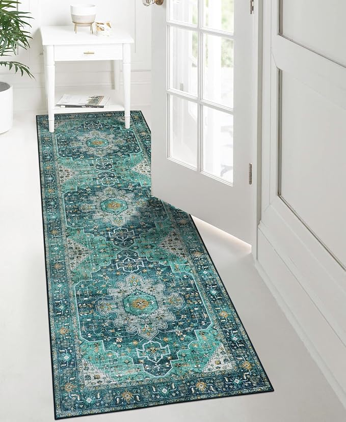 Moynesa Ultra-Thin Washable Teal Non Slip Bathroom Rug - 2x6 Laundry Room Mat, Machine Washable Non-Slip Pet Friendly Carpet Runner for Camper RV Foyer Kitchen Hallway