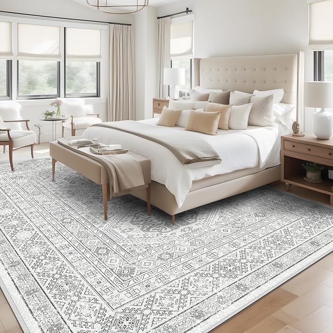 Washable Living Room Area Rug: 9x12 Large Super Soft Vintage Rugs Bedroom Oriental Indoor Rug Water Resistant Ultra Thin Carpet Non-Slip Backing Distressed Rugs for Kitchen 9x12 Grey