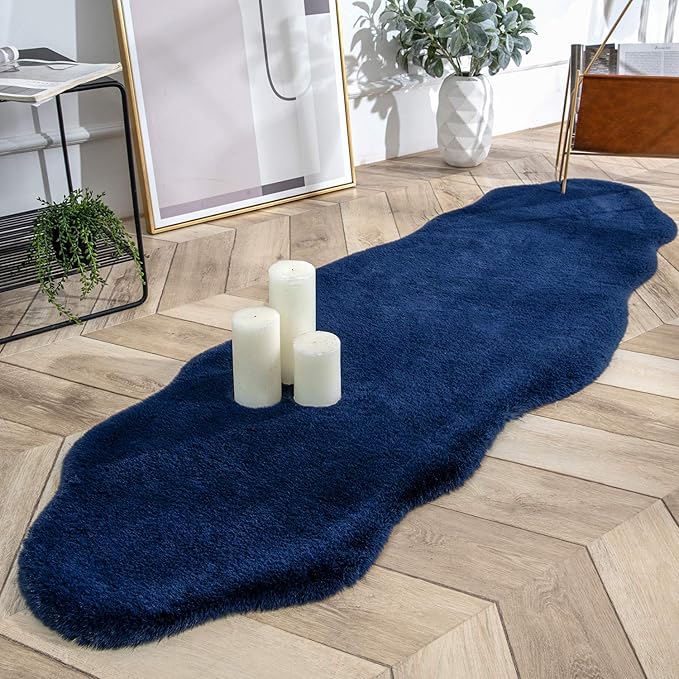 Ashler Faux Fur Rug, Ultra Soft Faux Rabbit Fur, Dark Blue Area Rugs, 2 x 6 Feet, Machine Washable Nursery Decor Throw Rugs for Bedroom, Kids Room, Living Room