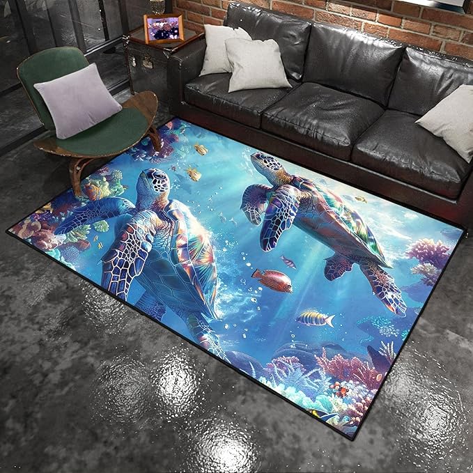 Sea Turtle Coastal Rug - Kids Sea Turtle Rugs for Bedroom Ocean Life Theme, 59" L x 39" W