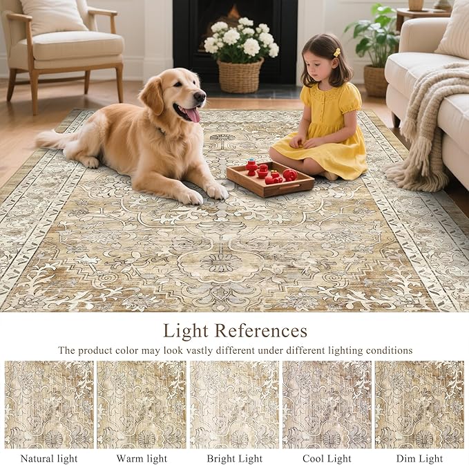 U'Artlines Boho Vintage Area Rug 8x10 Machine Washable Low Pile Soft Floor Carpet Non Slip Non Shedding Accent Rug for Living Room Bedroom Entryway Dining Room Office Cream Tan