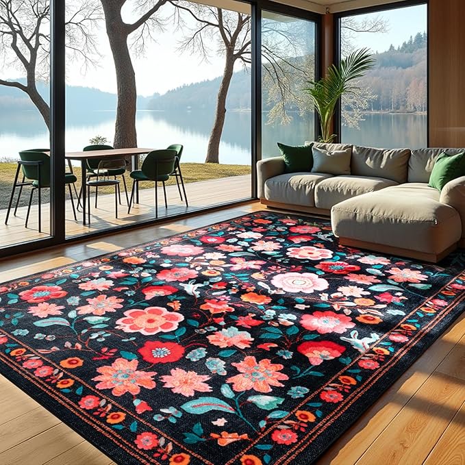 Area Rugs for Living Room6x8 Non-Slip Carpet Washable Boho Rug Vintage Low Pile Carpet Print Home Rugs for Bedroom Kids Room Playroom Dining Room Home Office Farmhouse,Dark Black