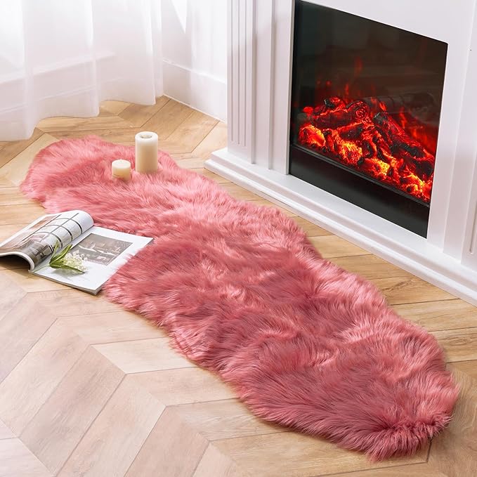Ashler Faux Fur Rug, Fluffy Shaggy Area Rug Ultra Soft 2 x 6 Feet Sheepskin, Blush Pink Fuzzy Rug Machine Washable Shag Rug, Nursery Decor Throw Rugs for Bedroom, Kids Room, Living Room