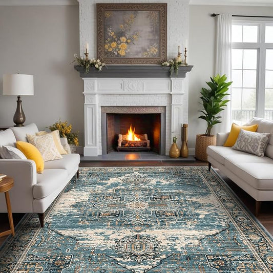 RUUGME Washable 8x10 Area Rugs - Large Rugs for Living Room Stain Resistant Carpet Vintage Rugs for Bedroom with Non Slip Backing Home Decor Floor Decoration Mat (8x10 Blue)