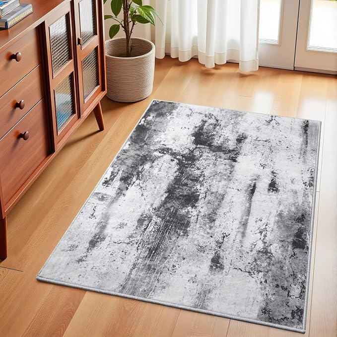 Washable Abstract Rug, 2x3 Small Modern Area Rugs with Non-Slip Rubber Backed for Kitchen, Thin but Soft Throw Carpet Bedroom Entryway Front Door Decor, Black Grey