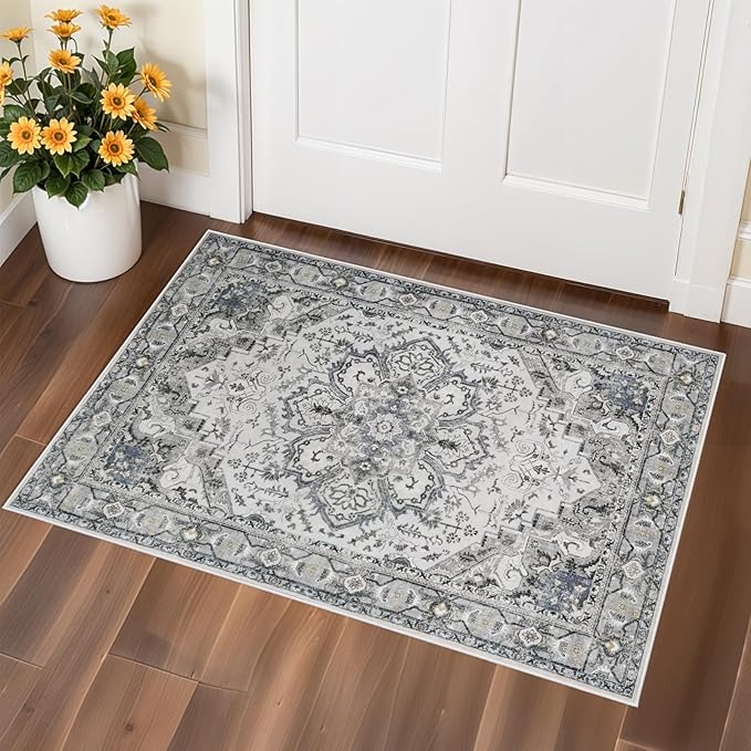 Washable Area Rug Vintage - Living Room Farmhouse Oriental Rug 2x3 Distressed Non-Slip Stain Resistant Carpet for Bedroom Dining Room Home Kitchen Office (2x3 Grey)