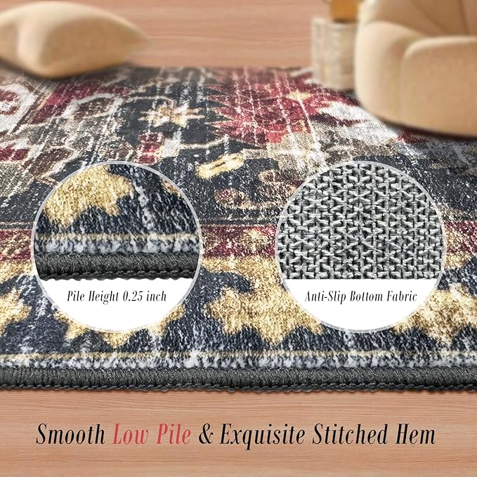 Washable Area Rugs - Perfect for Living Room, Bedroom, Kids Room, Nursery - Stain & Water Resistant Non-Slip, Pet & Child Friendly, Vintage Tribal Area Rugs (Rust, 3' x 5 ')