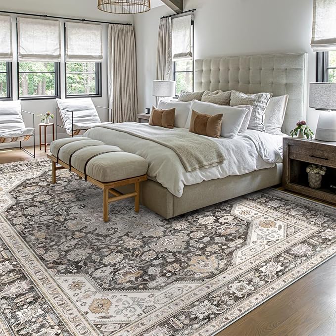 Washable Area Rug 9x12 - Bedroom Living Room Large Indoor Rugs Soft Oriental Vintage Rugs Non-Slip Backing Stain Resistant for Farmhouse Kitchen (9x12 Black/Ivory)