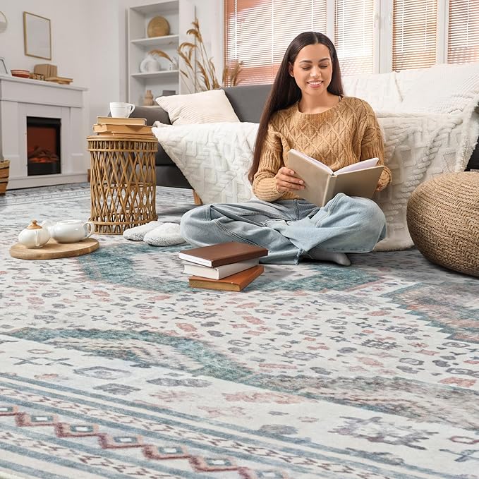 Maxsoft 5X8 Area Rug,Vintage Machine Washable Rugs for Living Room, Soft Non-Slip Low Pile Rug, Stain Resistant Rugs for Kitchen, Bedroom, Dining Room,Laundry Room,Nursery (Beige White)