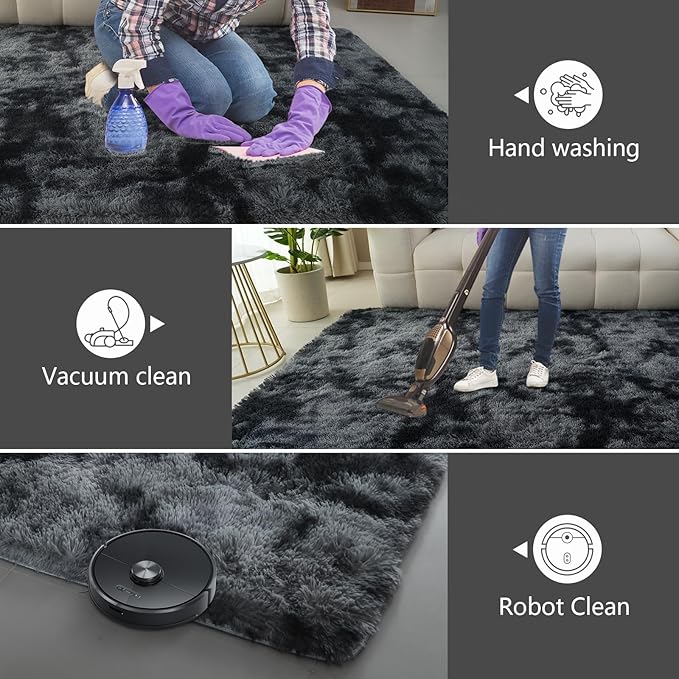 Shag Area Rugs for Bedroom Living Room,8X10 Ultra Soft Fluffy Area Rugs for Dorm, Indoor Carpet Nursery Rugs for Kids Girls Room Home Decor, Black Grey