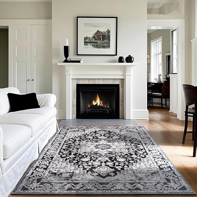 Washable Vintage Area Rugs 3x5, Low Pile Carpet, Non-Slip Distressed Rug for Bedroom, Living Room, Dining Room, Entryway, Black