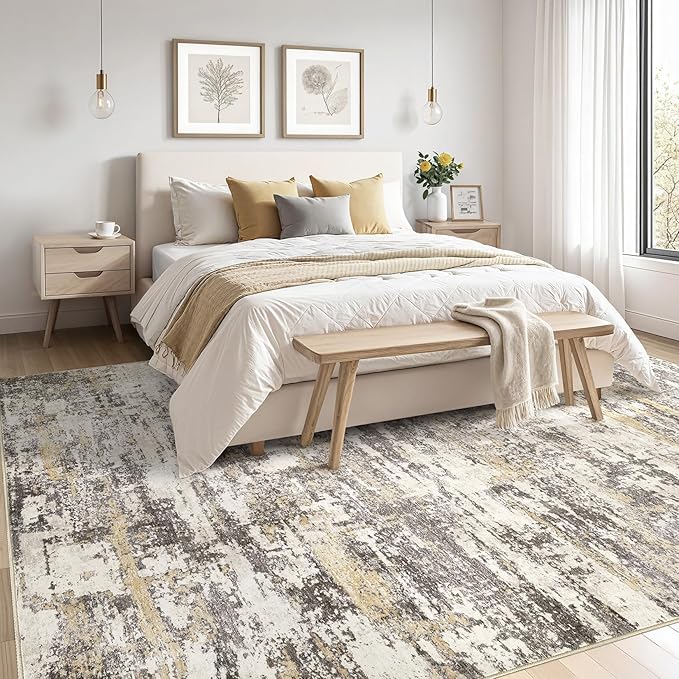 Area Rugs for Living Room: 5x7 Thickened Abstract Washable Rug Modern Neutral Soft Stain Resistant Non-Slip Backing Carpet for Bedroom Dining Room Indoor Home Office - Gold Brown