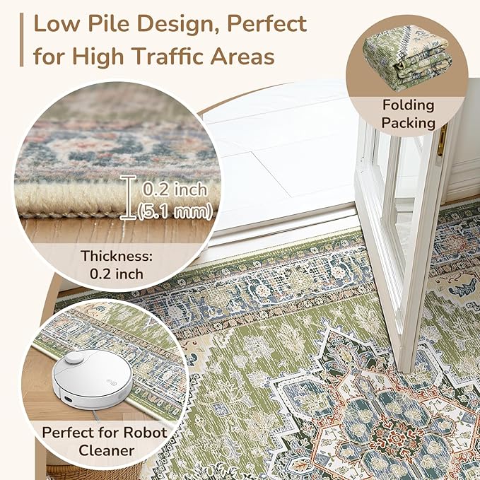 BESTSWEETIE 2x6 Area Rugs for Living Room Washable Non Slip Carpet Low Pile Soft Vintage Print Pattern Rug for Bedroom Dining Room Kitchen Entryway Indoor-Green/Light tan/Blue/Grey