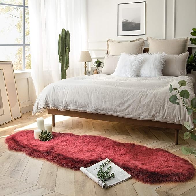 Ashler faux fur rug, Fluffy Shaggy Area Rug Ultra Soft 2 x 6 Feet Sheepskin Fur Rug, Deep Red Fuzzy Rug Machine Washable Shag Rug, Nursery Decor Throw Rugs for Bedroom, kids room, Living Room