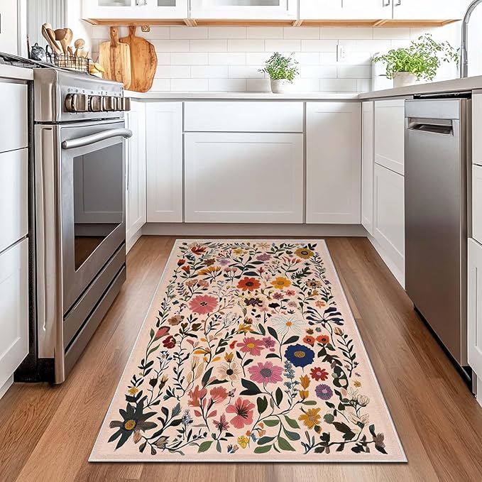 3x5 Entryway Rug Boho Floral Area Rug Bedroom Bedside Ultra-Thin Soft Small Carpet Bathroom Non Slip Indoor Entrance Low Pile Door Mat Kitchen Stain Resistant Washable Machine