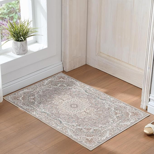 Door Mat, 2x3 Rug, Indoor Mats for Entryway, Door Rugs for Entryway Indoor, Front Door Rugs, Small Non Slip Rug, Neutral Boho Modern Vintage Floral Rug for Entryway Indoor, Bathroom