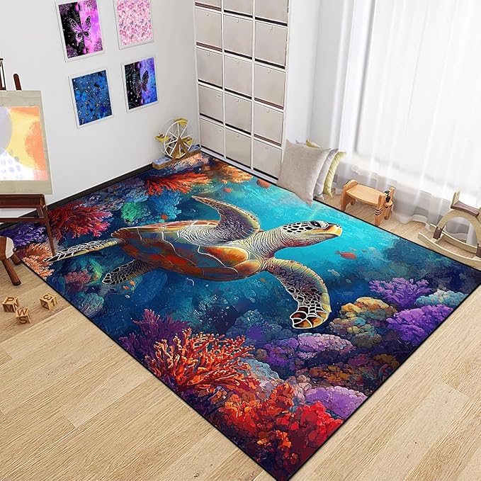 Sea Turtles Rug - Sea Turtle for Kids Boys Coastal Rugs for Bedroom Coral Ocean Life Theme Decor Ocean Carpet Rug, 4x5 Feet