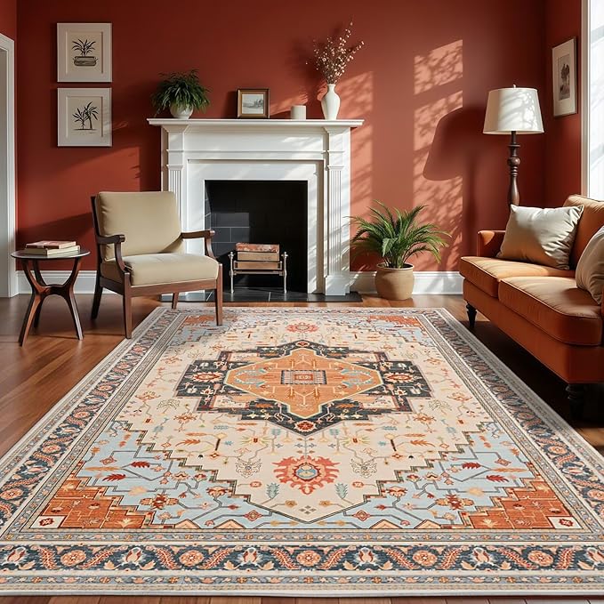 5x7 Orange Beige Area Rug for Living Room, Machine Washable Rugs with Non-Slip Backing for Bedroom, Vintage Medallion Carpet Dining Room Office Kids Room Decor