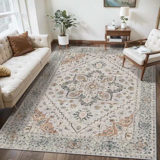 3x5 Bedroom Rug, Washable Vintage Indoor, Area Rug Non Slip Accent Rug, Print Distressed Taupe Carpet, Soft Low Pile for Living Room Dorm Bedroom Bedside Entryway Bathroom