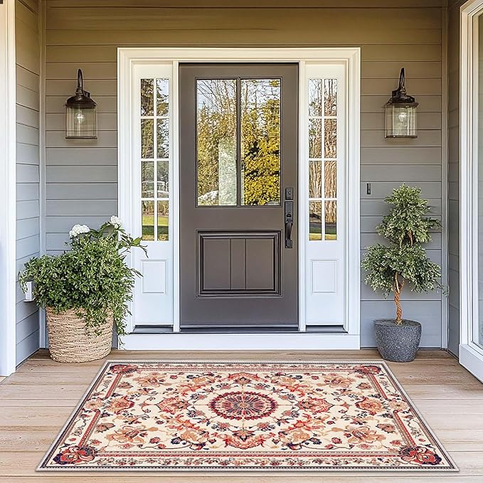 3x5 Entryway Rug Boho Orange Area Rug Indoor Entrance Non Slip Door Mat Stain Resistant Washable Machine Soft Low Pile Small Carpet Bathroom Kitchen