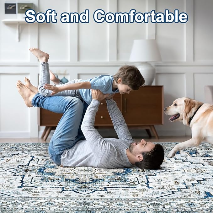 Area Rugs for Living Room 9x12 - Large Machine Washable Vintage Oriental Soft Rug, Low Pile Thin Carpet with Non Slip Backing for Bedroom, Dorm, Under Dining Room Table, Indoor House, Office Decor